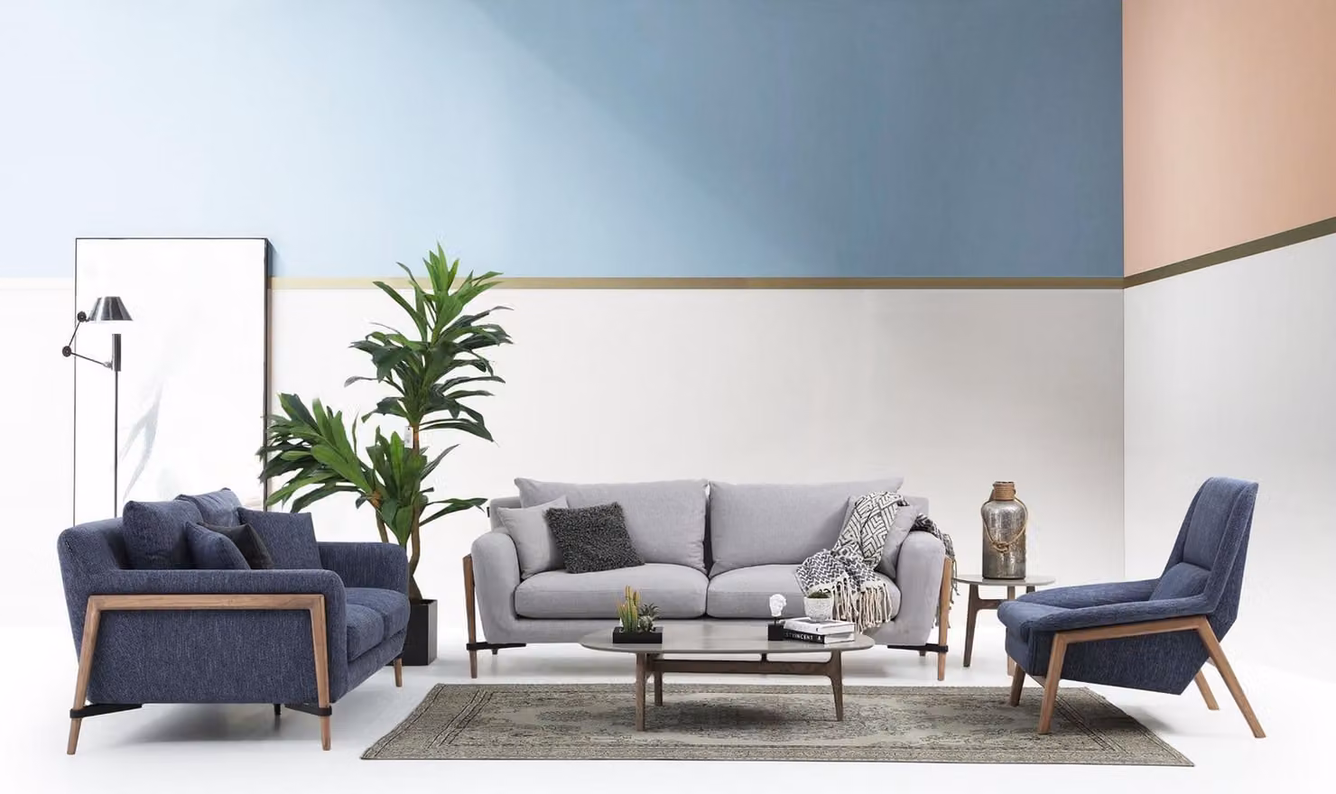 Komplette Couchgarnitur Sofagarnitur Sofa 321 Sitzer Stoff Set Blau
