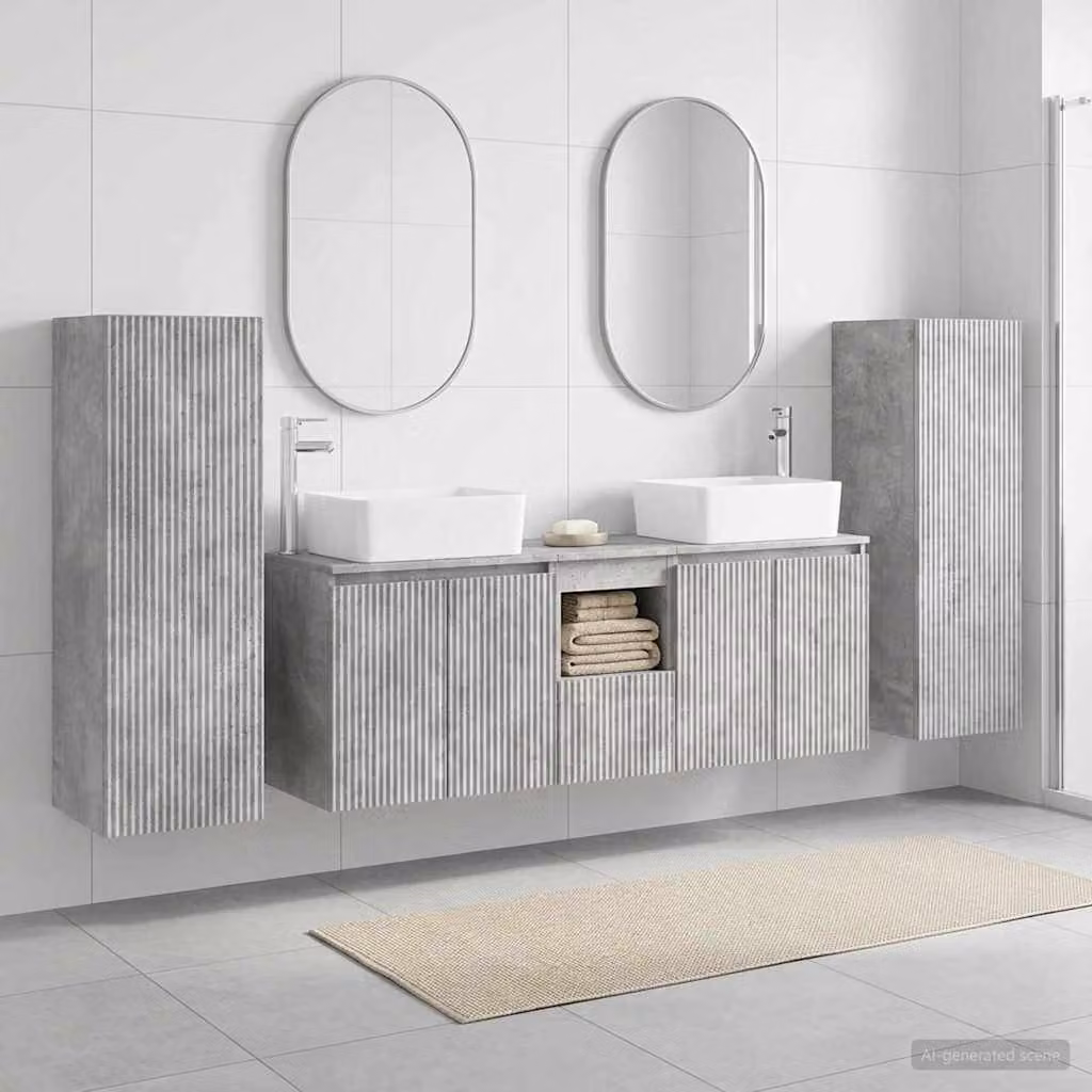 Set di mobili per il bagno moderno vidaXL in 5 pezzi Grigio, con mobile lavabo e pensile a parete in MDF e legno