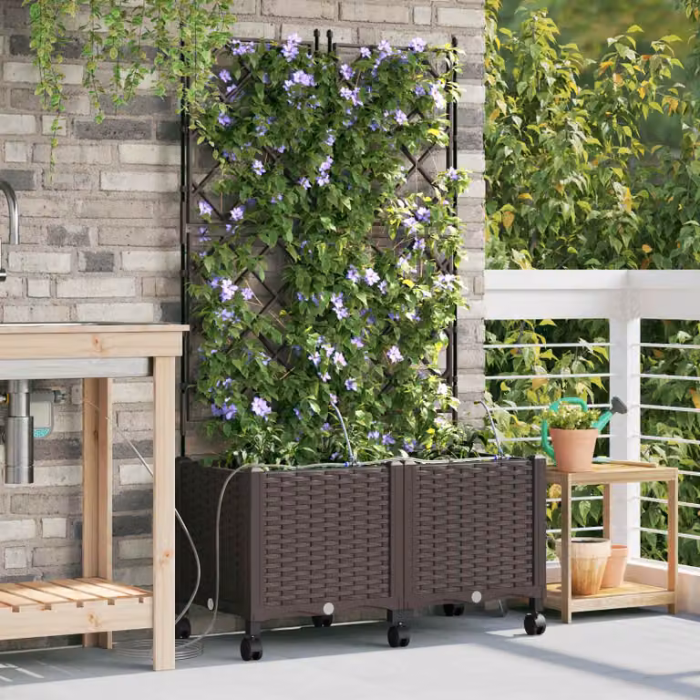 Set di 2 vasi da giardino con irrigazione e ruote vidaXL, colore marrone, in plastica