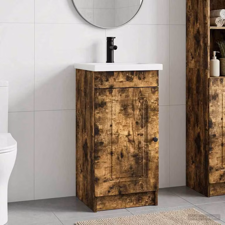 Mobile da bagno con lavabo vidaXL in stile moderno, colore Rovere Fumo, L 42 cm x P 40 cm x H 84,5 cm