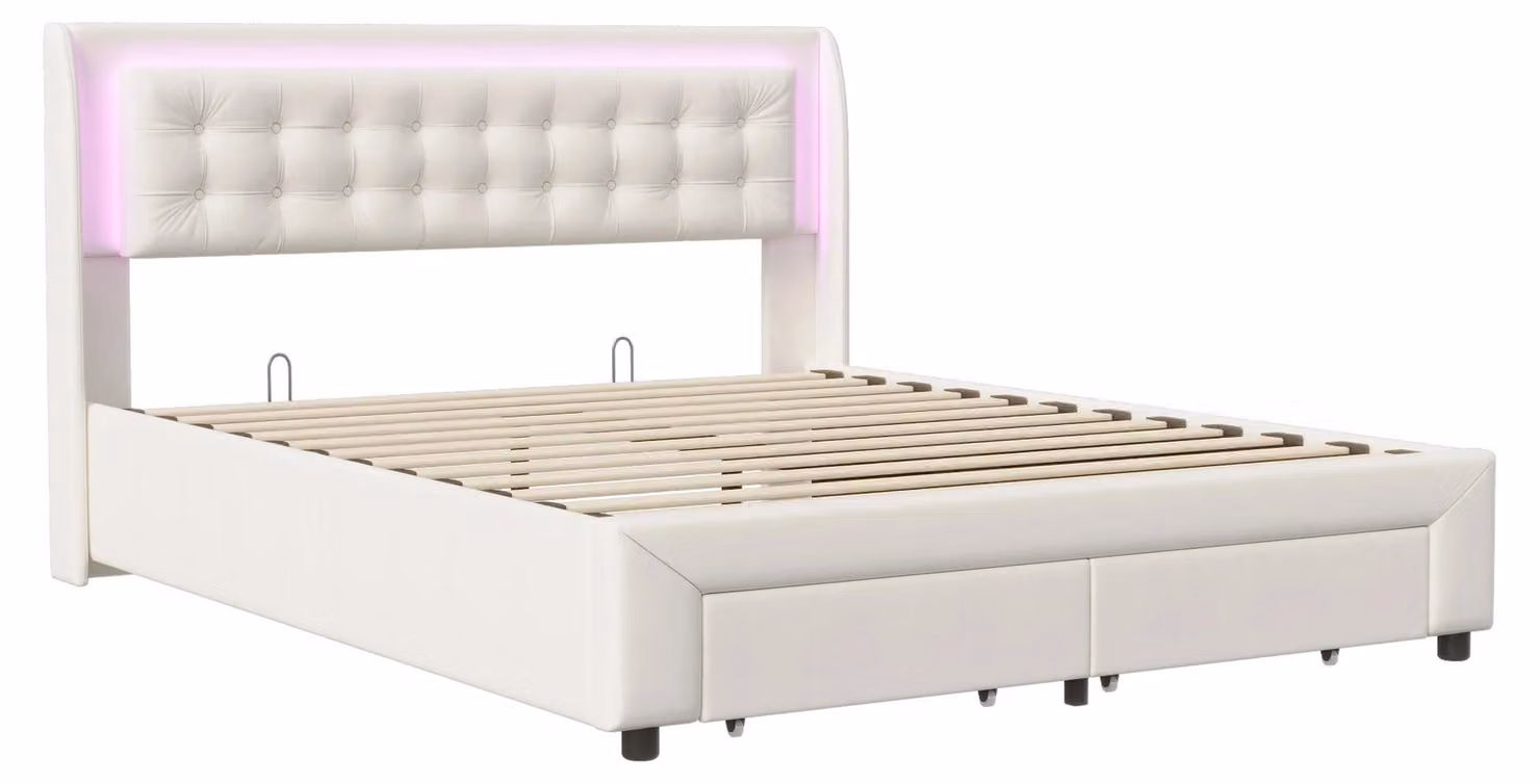 Letto imbottito - Letto matrimoniale - 140 x 190 cm - 2 cassetti - Spazio contenitore con sistema idraulico - Tessuto velluto - Beige