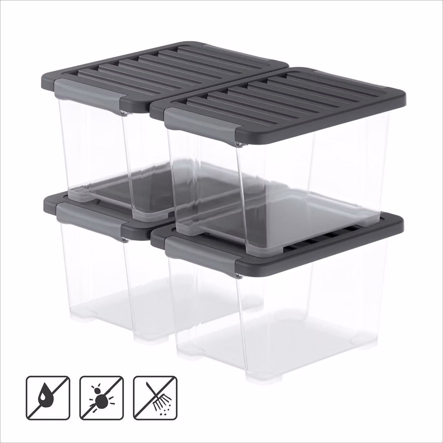 Rotho CORE PRO Set di 4 contenitori da 15 l – 39,3 × 28,3 × 23 cm – Contenitori in plastica con coperchio sigillato contro polvere e umidità, maniglie chiudibili