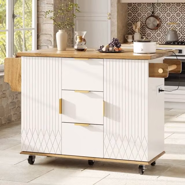 Carrello da cucina con piano pieghevole e prese elettriche in MDF e metallo; bianco
