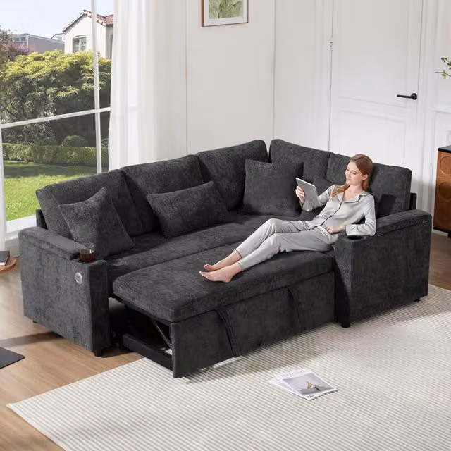 Divano Angolare Letto con Contenitore Minimal Grigio in Tessuto con Portabicchieri e USB