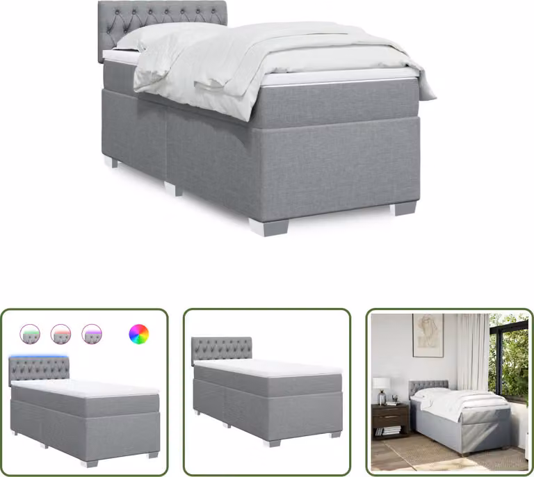 The Living Store Letto a molle con materasso grigio chiaro 100x200 cm in tessuto