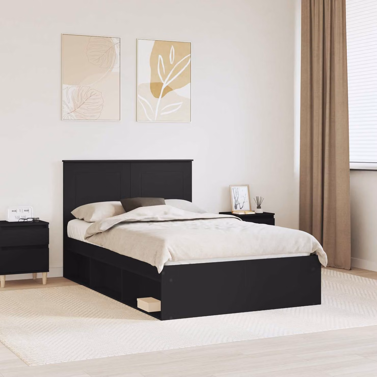 Struttura del letto moderna vidaXL in pino massello e MDF con doghe in legno, colore nero, L/P/H: 140 x 190 cm