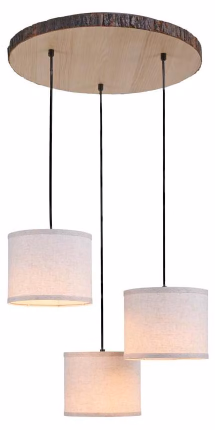 Lampada a sospensione, 3 fiamme, decorazione in legno, tessuto, P 52 cm