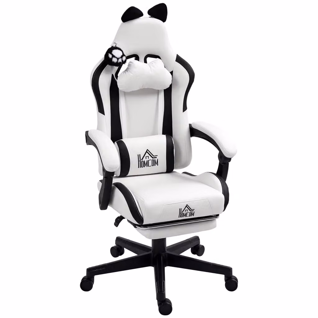 Sedia da Gaming Minimal Bianca con Poggiapiedi, Supporto Lombare e Riposogalatelli in Finta Pelle L/P/H: 62 x 65 x 124 cm – 2