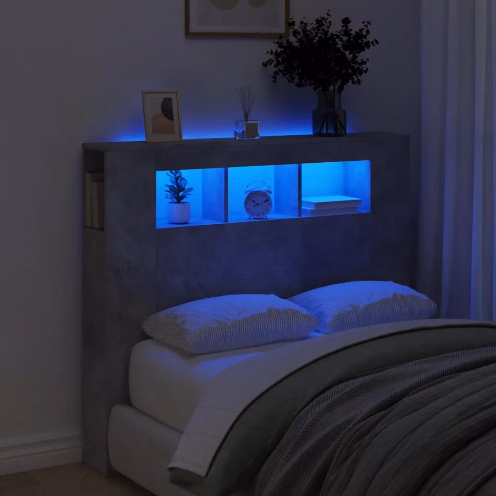 Testiera con LED e porta USB vidaXL in legno multistrato, Grigio Cemento, L 120 x P 18,5 x H 103,5 cm
