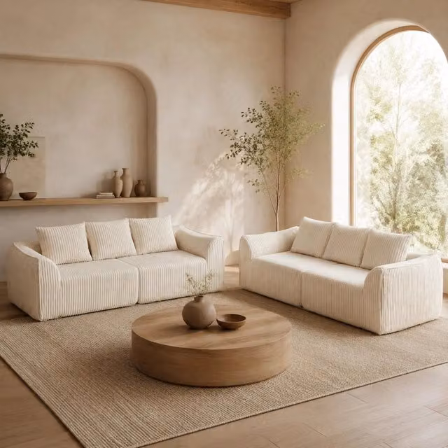 Divano modulare MIVRAY in velluto a coste beige con braccioli curvi e seduta in schiuma per il tuo soggiorno