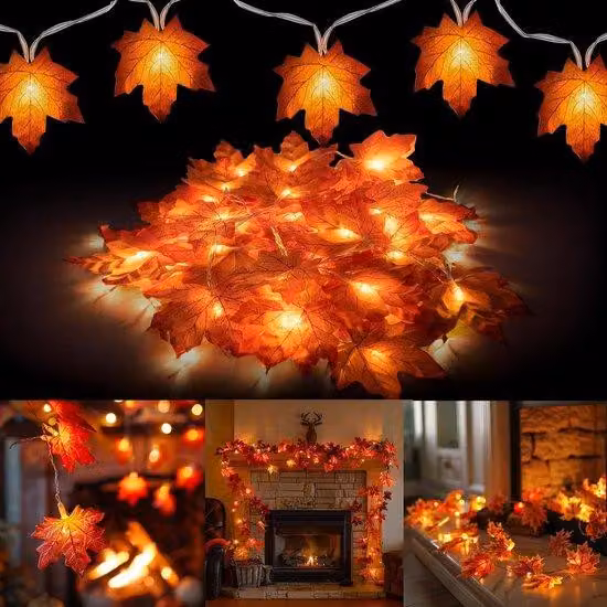 Catene luminose autunnali - set da 2 pezzi - 6 metri di lunghezza - 40 LED - luci a forma di foglie di quercia - alimentate a batteria - ideali per decorazioni di Halloween e per l'autunno - adatte per interni ed esterni