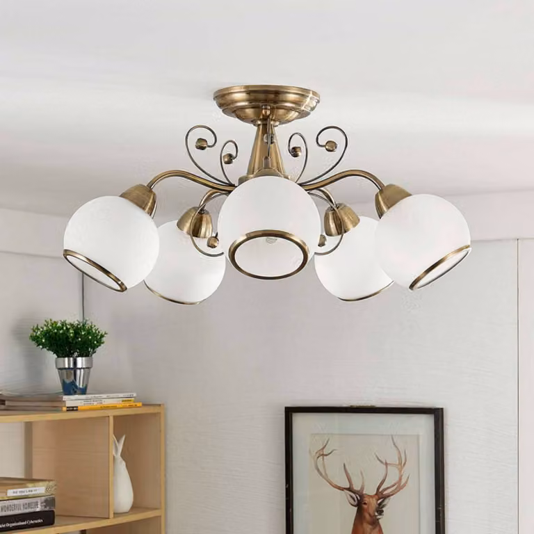 Plafoniera soffitto Corentin Lindby, dimmerabile, Bronzo / Ottone antico, Soggiorno / Sala da pranzo, Vetro, Antico, Plafoniera