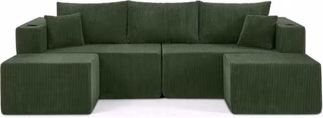 Divano angolare modulare a 3 posti in tessuto a coste beige con pouf mobili, portabicchieri e tasche laterali
