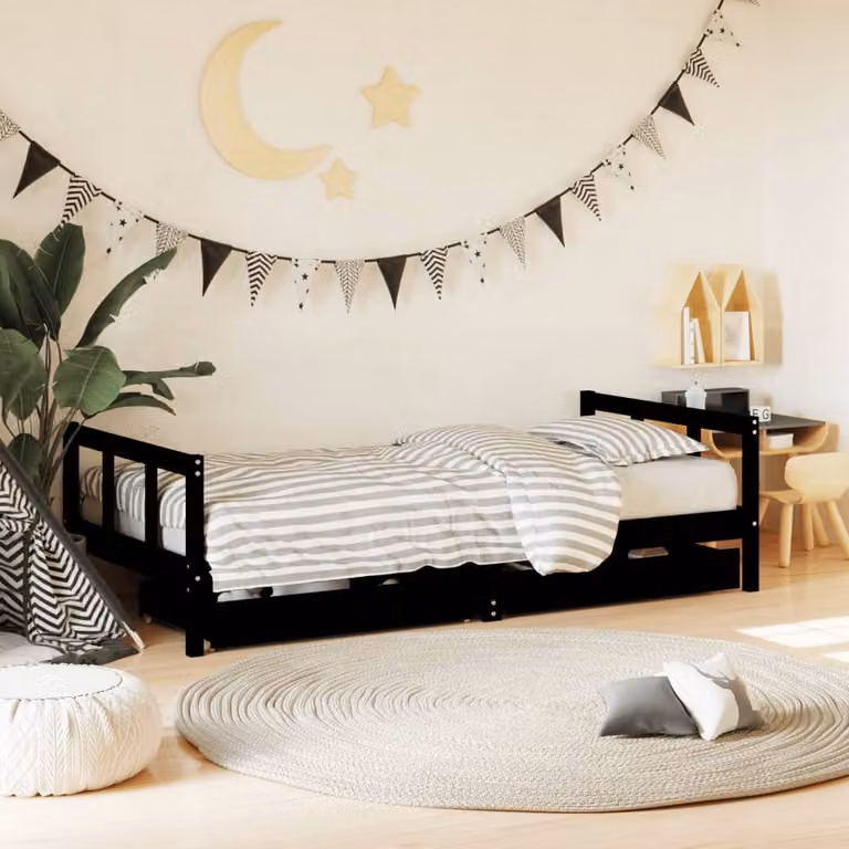 Giroletto per bambini vidaXL in legno massello di pino con cassetti, colore nero, L/P/H: 190 x 90 x 150 cm
