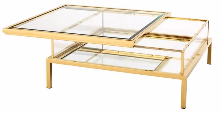 Tavolino da caffè in stile Art Déco marca Casa Padrino, con struttura in acciaio inossidabile dorato e piano in vetro a specchio. Dimensioni: 99,5 x 99,5 x 41 cm