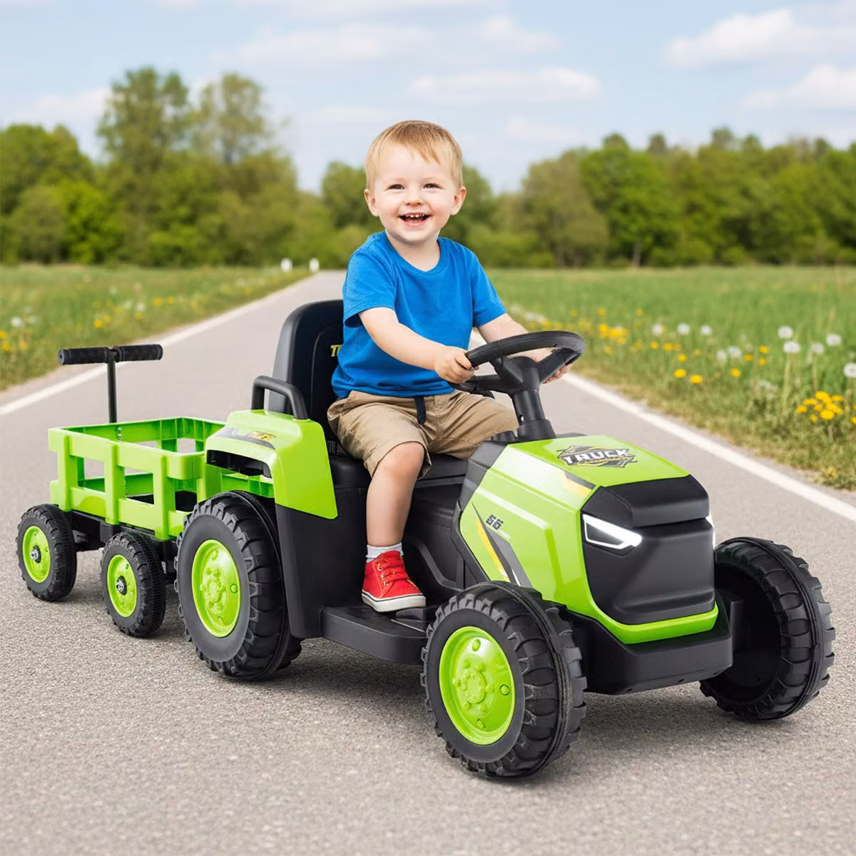 Trattore elettrico Costway 12V con rimorchio staccabile e controllo remoto, giocattolo per bambini con luci e suoni, colore Verde