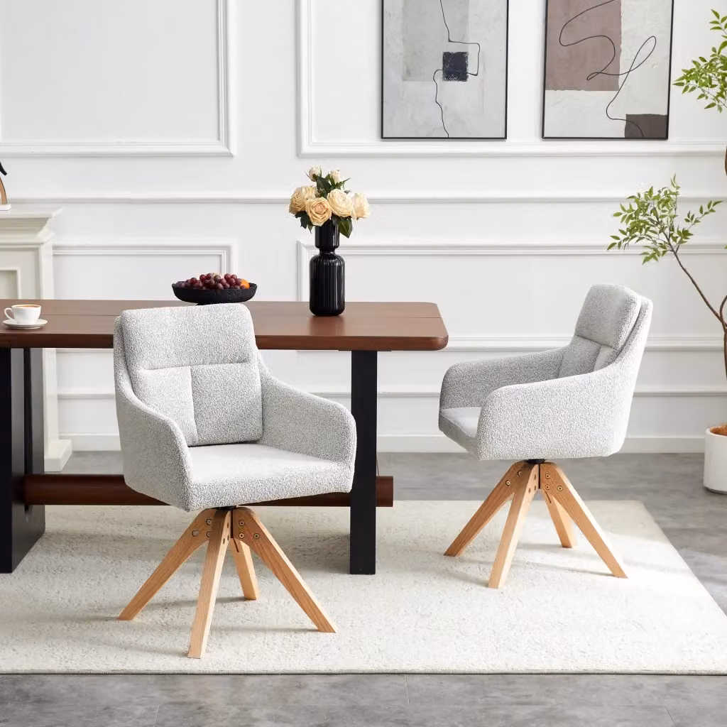 Set di 2 sedie da pranzo moderne girevoli a 360 gradi con schienale alto e braccioli in tessuto grigio chiaro e legno – 2