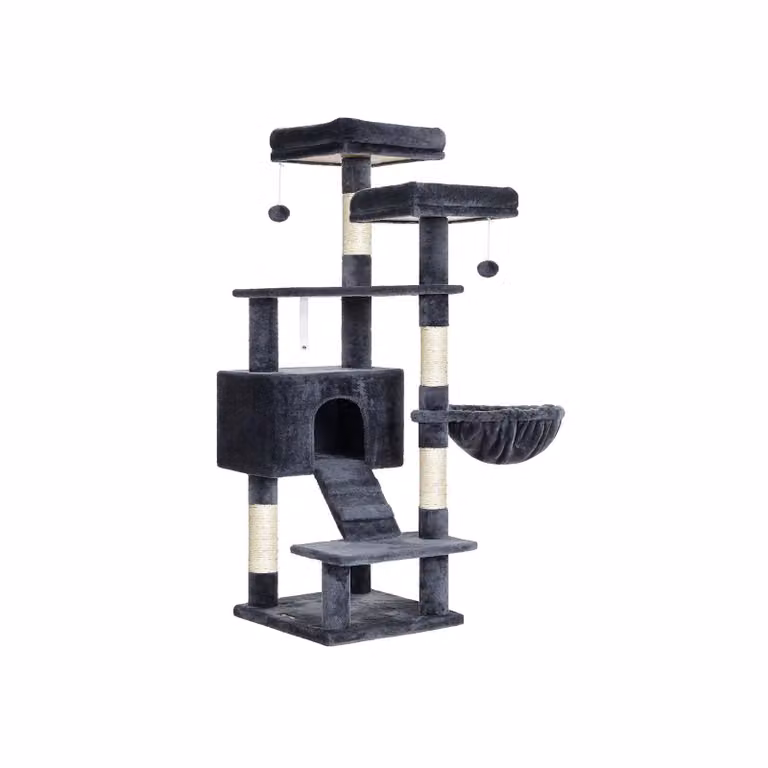 Torre per gatti Rootz a più livelli - Tiragraffi - Torre a gabbia - Piattaforme rialzate - 50 cm x 45 cm x 142 cm - Grigio fumo - Truciolato rivestito in sisal morbido - 14 kg