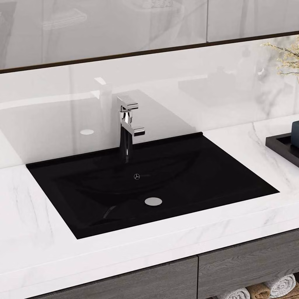 Lavandino rettangolare in ceramica vidaXL nero, sospeso, L: 60 cm, P: 46 cm, H: 16 cm – 1