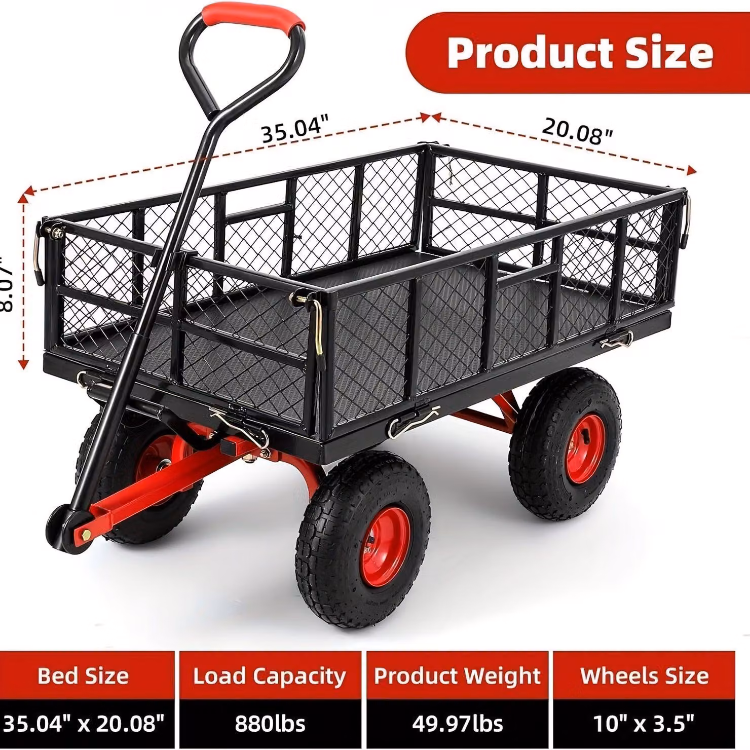 Carrello da giardino, robusto carrello metallico con una capacità di carico di 399 kg, dotato di 4 pareti laterali removibili e pneumatici