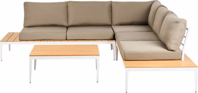 Set divano da giardino ad angolo Beliani moderno a 5 posti con cuscini grigi e tavolo in legno di acacia