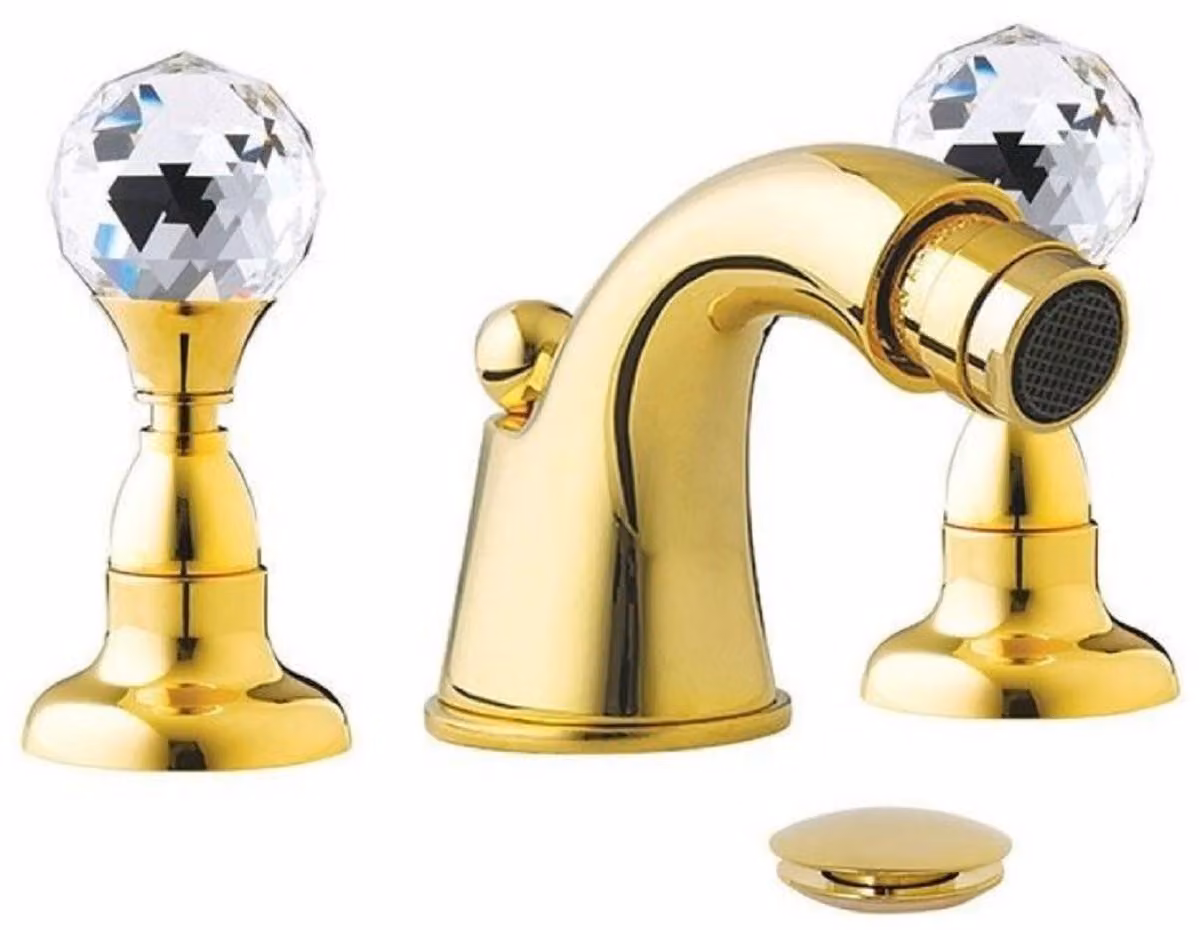 Casa Padrino rubinetto per vasca con cristallo Swarovski oro h. 5,5 cm - miscelatore a tre fori con scarico a scomparsa - accessori bagno - Italy
