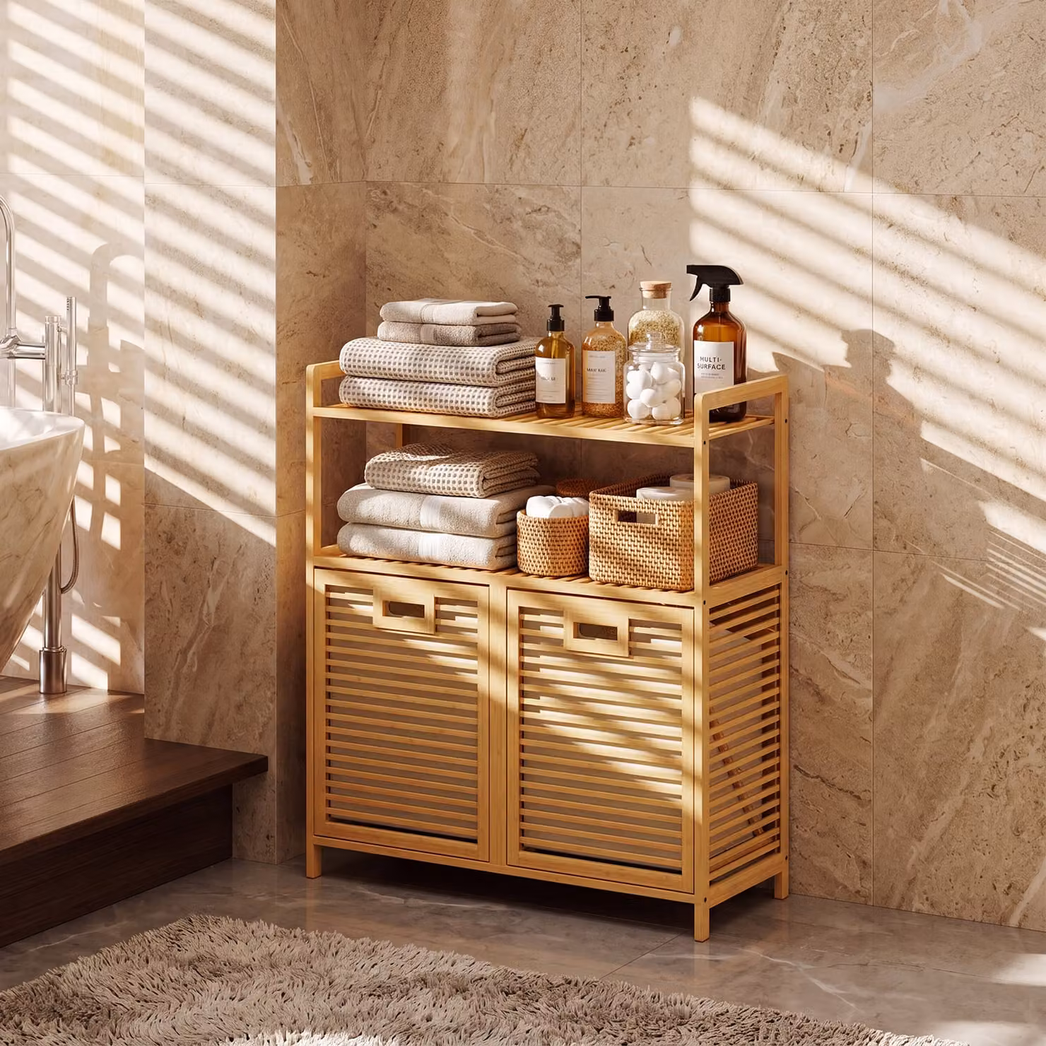 Cesto portabiancheria in bambù Costway beige con 2 sacchetti rimovibili e 2 ripiani aperti per bagno e lavanderia