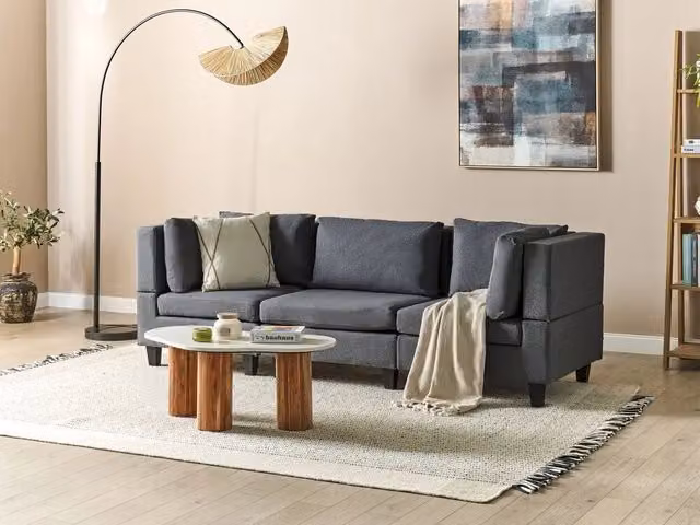 Divano Componibile Beliani in Tessuto Grigio con Cuscini e Coperture Rimovibili Stile Moderno L: 228 cm, P: 76 cm, H: 72 cm