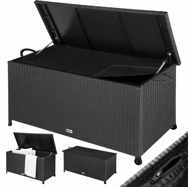 Baule da giardino Casaria in rattan nero con struttura in metallo L 117 x P 53 x H 60 cm