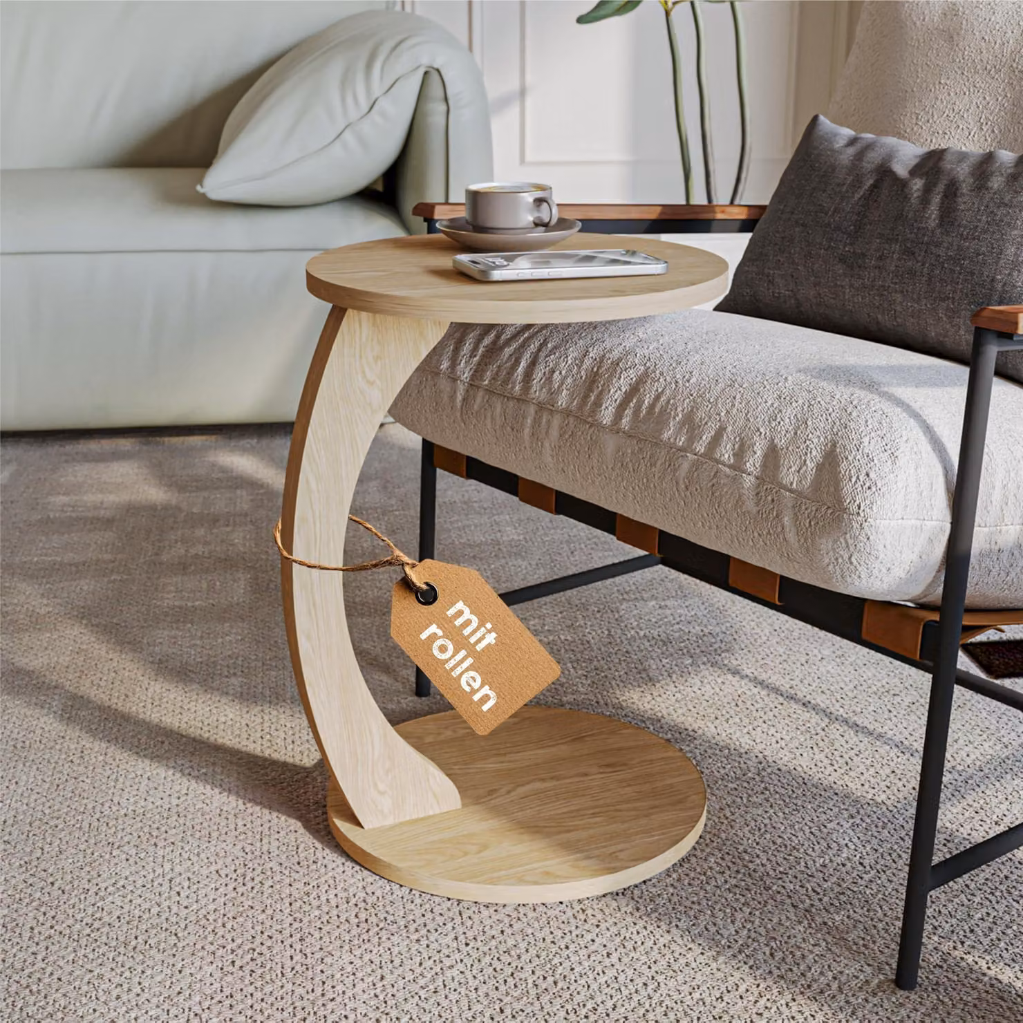Tavolino da salotto a forma di "C" con ruote, finitura effetto legno naturale di quercia