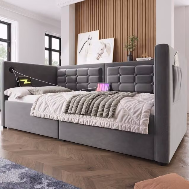 Divano letto 90x200 cm con contenitore idraulico e USB Type-C in velluto grigio