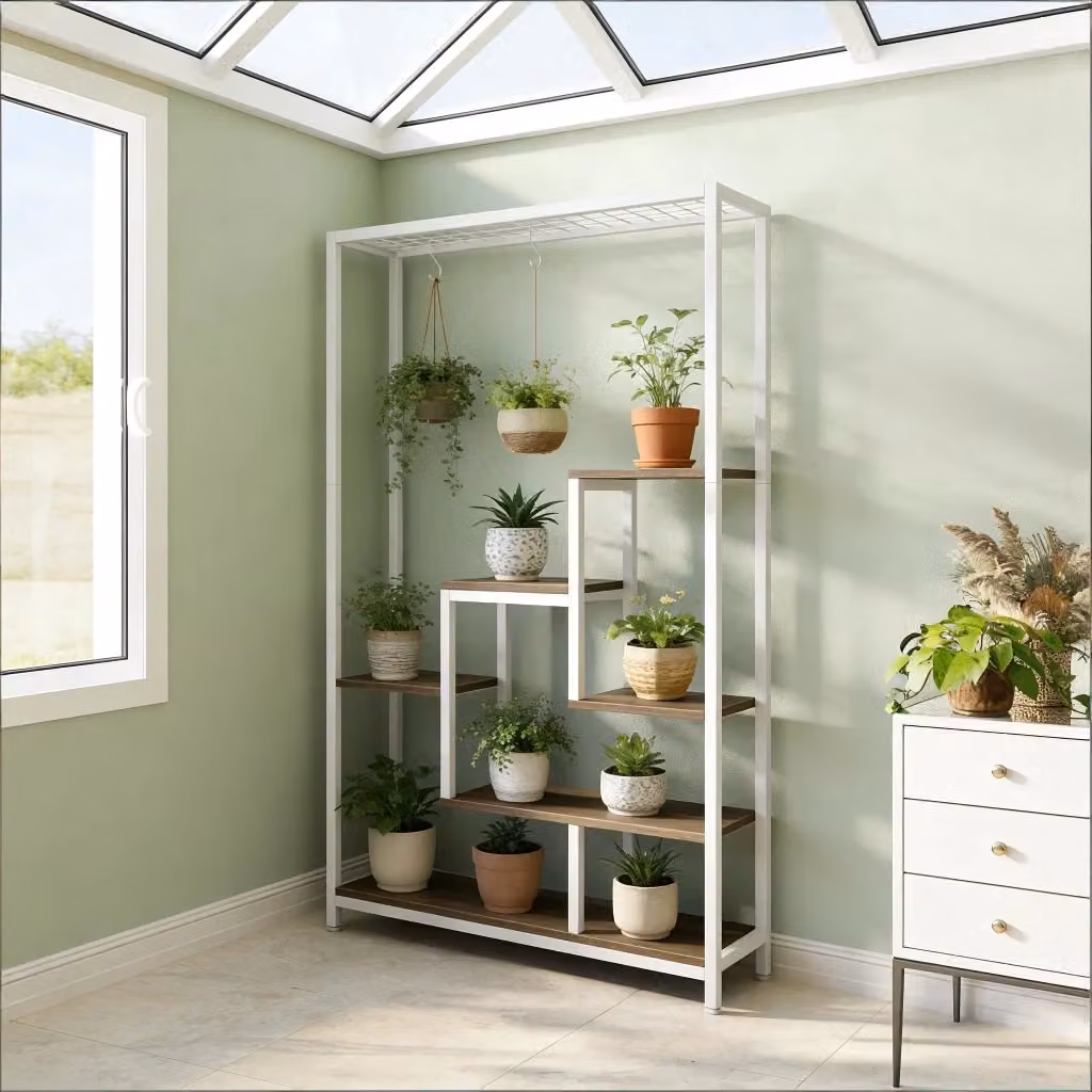 Piantana portavasi WISHDOR con 7 ripiani in metallo e legno, beige e bianco, H: 108 cm, L: 37 cm – 2