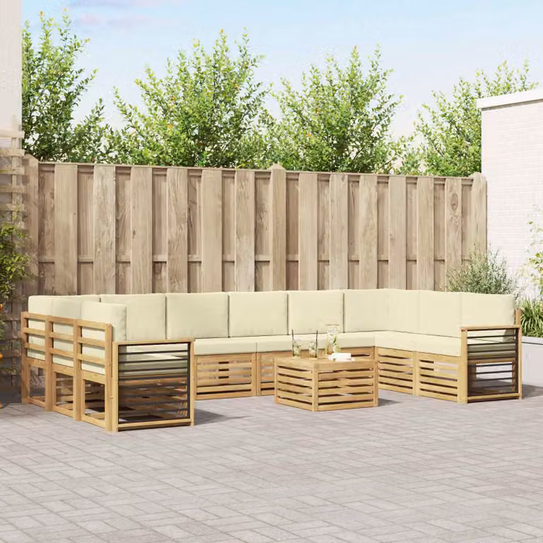 Set di divani da esterno vidaXL 11 pezzi in legno di acacia con tavolino e cuscini, Bianco e Beige