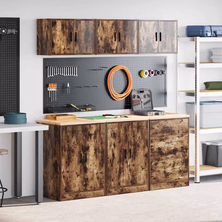 Set di 6 armadi da garage vidaXL in legno multistrato color marrone con ante a battente e ripiani interni