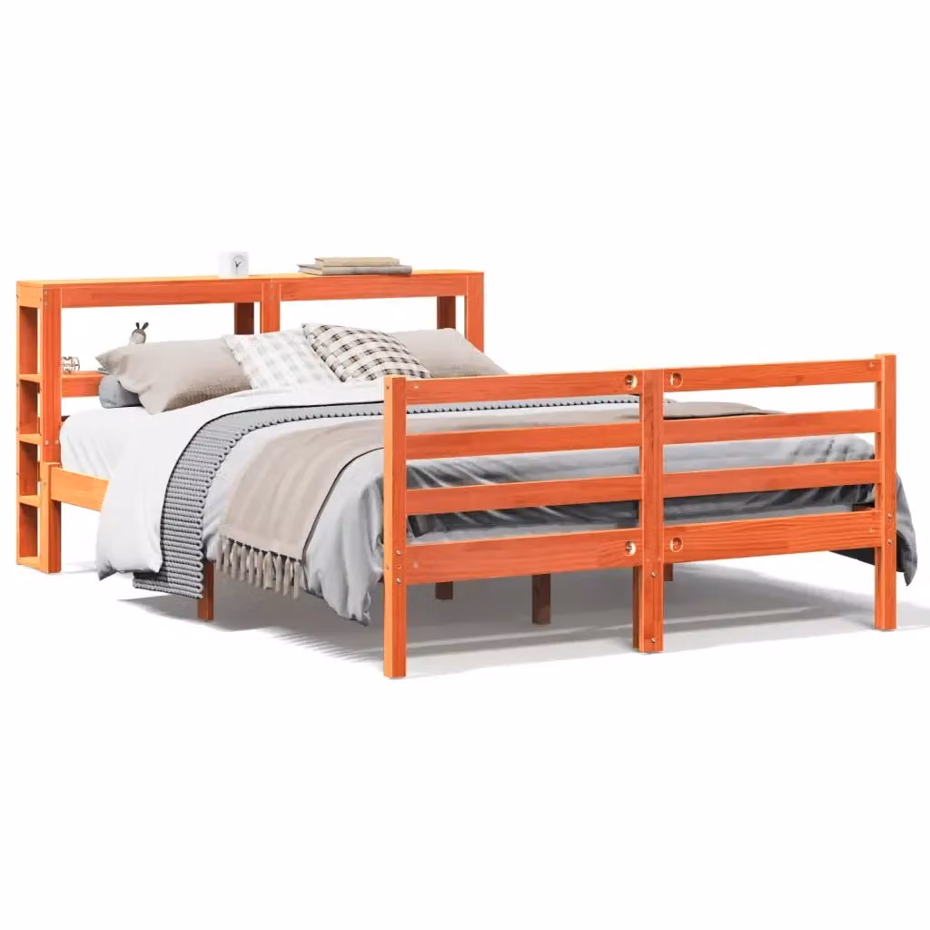 Letto in legno di pino rustico con ripiani laterali marrone cera vidaXL L/P: 150 x 200 cm – 2