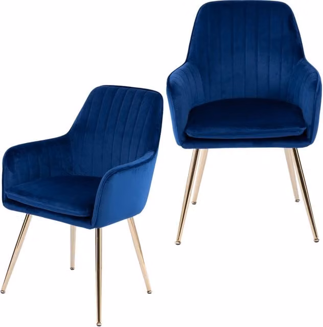 Set di 2 sedie da pranzo 57,91x57,91x85,85 cm tessuto blu braccioli metallo dorato