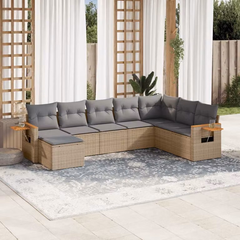 vidaXL Set Divano da Giardino a L 8 pz con Cuscini Beige e Grigio in Polyrattan e Legno di Acacia