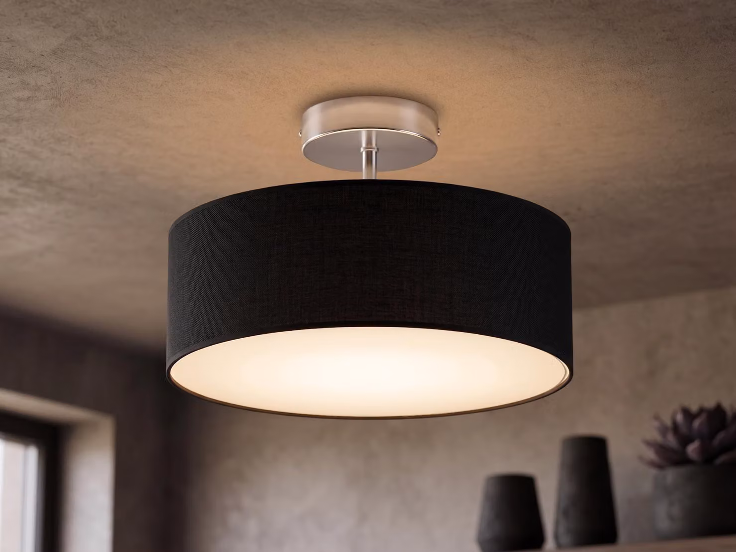 Lampada da soffitto con paralume in tessuto nero da 30 cm, lampada da soffitto in tessuto con paralume