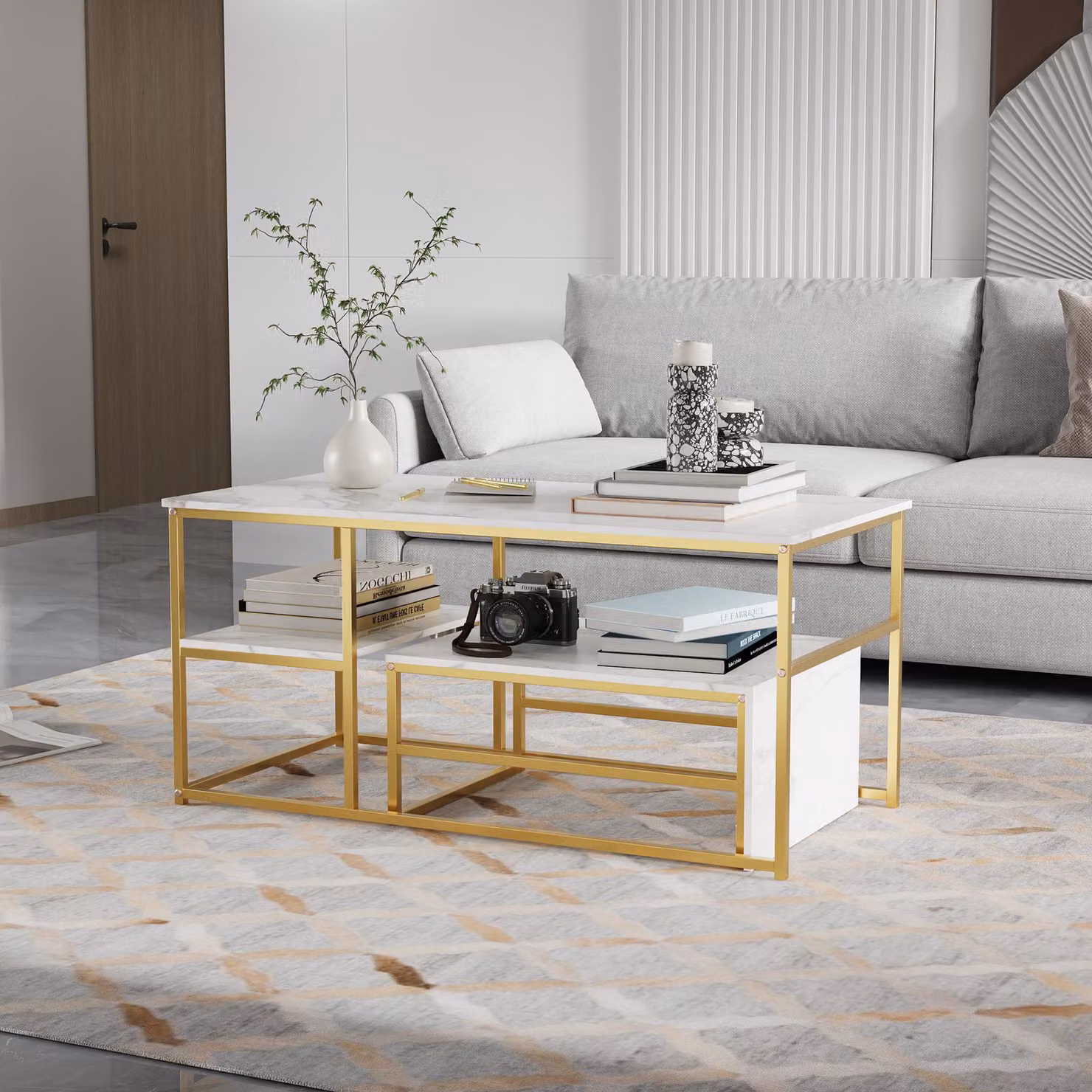 Fortuna Lai Set di 2 Tavolini da Caffè Marmo Bianco Moderno: Tavolino da salotto rettangolare scandinavo con struttura in metallo dorato - tavolino da salotto grande:105×52×48,5cm piccolo:60×45×28cm