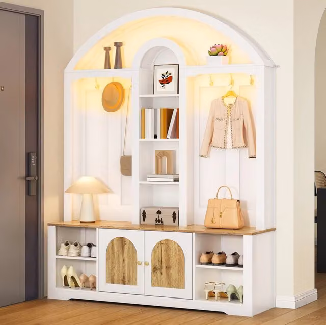 Armadio guardaroba con appendiabiti, ripiani e porta scarpe in MDF bianco e legno, 150x40x195 cm