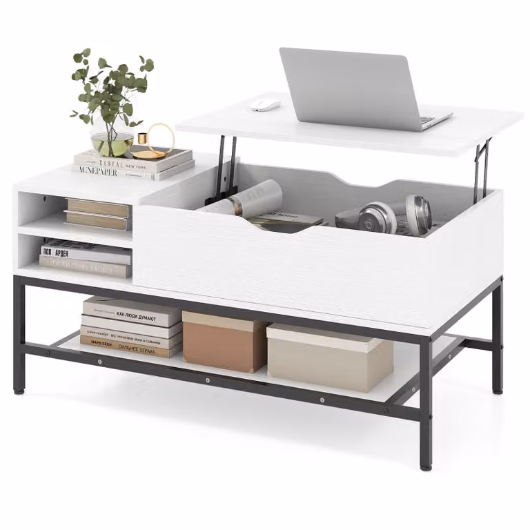 Tavolino regolabile in altezza COSTWAY, tavolino da salotto con ripiano e vano portaoggetti, tavolino da caffè, tavolino da divano, tavolino da salotto, 100x49,5x47,5 cm, bianco