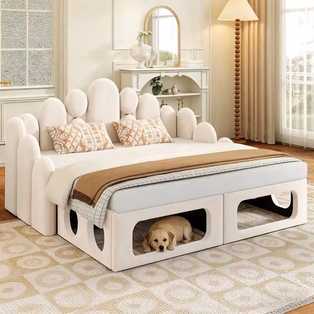 Divano letto imbottito 2 in 1 con cuccia per animali domestici - Zephmum- 180x200 cm in velluto morbido, rete a doghe, schienale, color beige