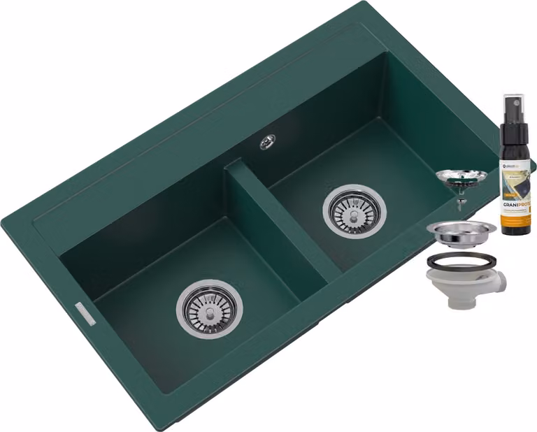 Granitan - Lavello in granito - Lavello da cucina - 2 vasche - 75x45 cm - Verde - con sifone - Lavello - DUET