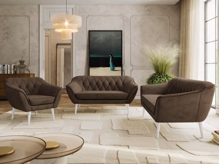 Divano componibile MKS MEBLE PIRS 1-2-3, set completo in stile scandinavo, con sospensioni a molle, gambe bianche, gruppo sedute, set di mobili, set con braccioli - Velluto marrone