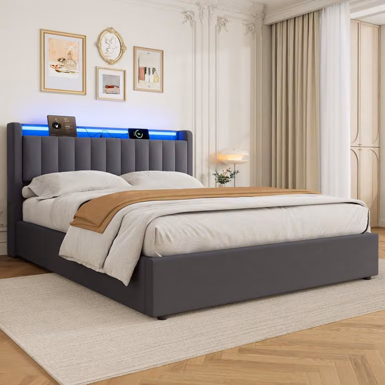 okwish Letto imbottito 180×200 con illuminazione a LED e testiera con vano contenitore, letto per ragazzi con cassetti, letto boxspring color grigio, materasso escluso