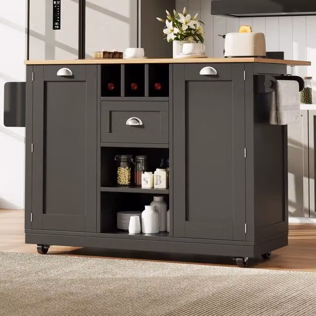 Isola cucina mobile WISHDOR con piano apribile, portabottiglie, cassetto e ruote, nero, L: 140 cm, P: 50 cm, H: 93,5 cm