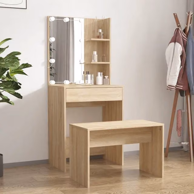 Set Tavolo da Toeletta con LED vidaXL in Legno Rovere Marrone L: 140 cm, P: 40 cm, H: 60 cm – 1