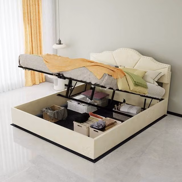 Letto Contenitore Imbottito ¨C MINIMAL ¨C Velluto Beige 160x200 con Idraulico