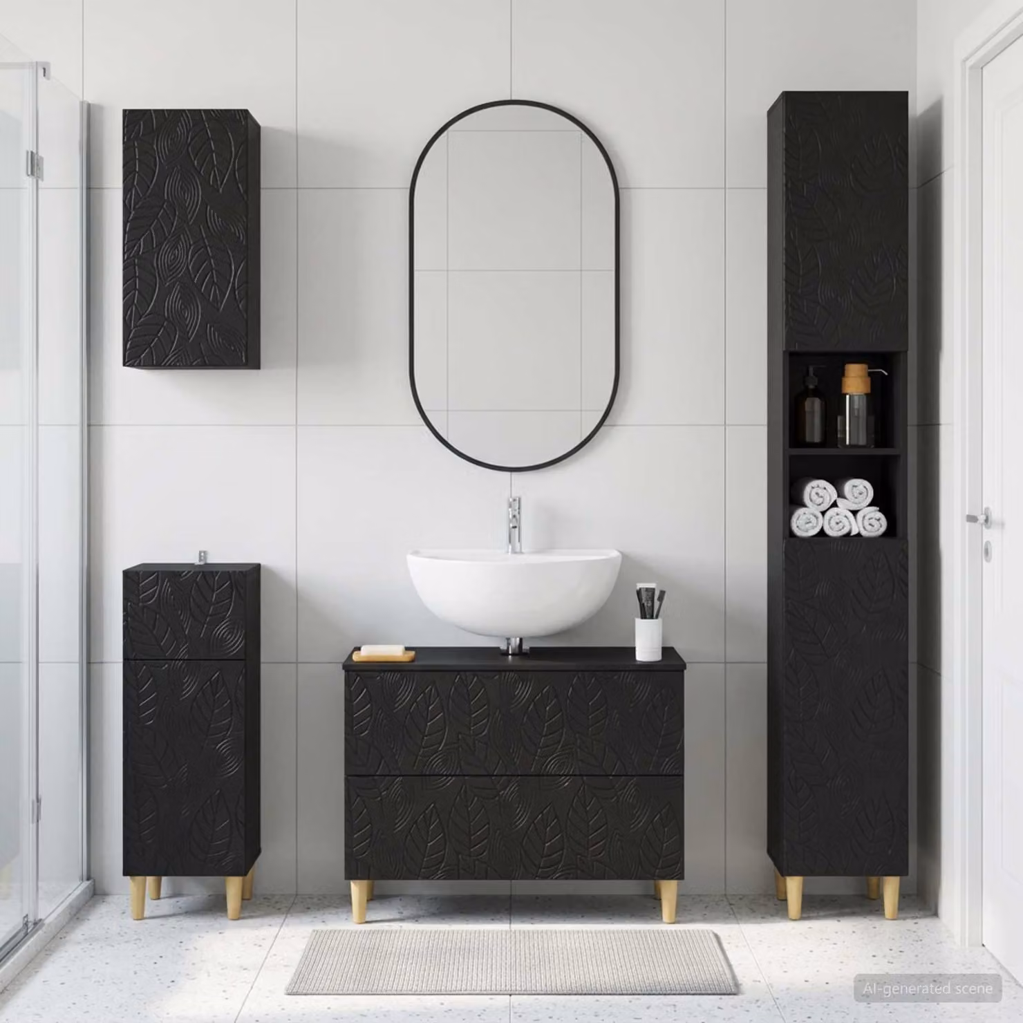 Set di mobili da bagno moderno vidaXL DELFT nero in legno, composto da 4 pezzi con mobile lavabo e pensili a parete