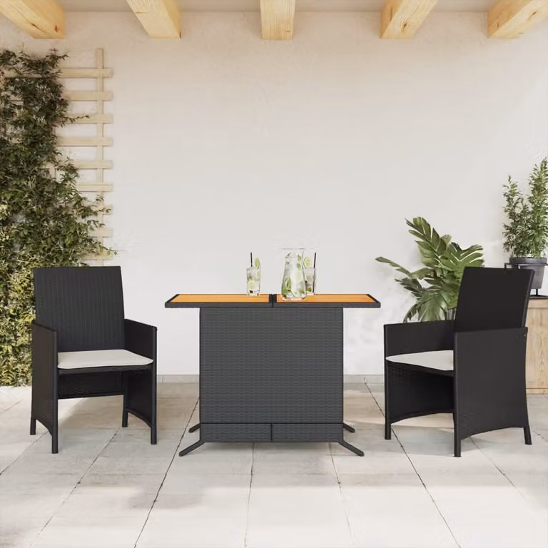 Set da bistrò vidaXL 3 pezzi in polyrattan e legno di acacia nero e beige con cuscini per giardino e balcone